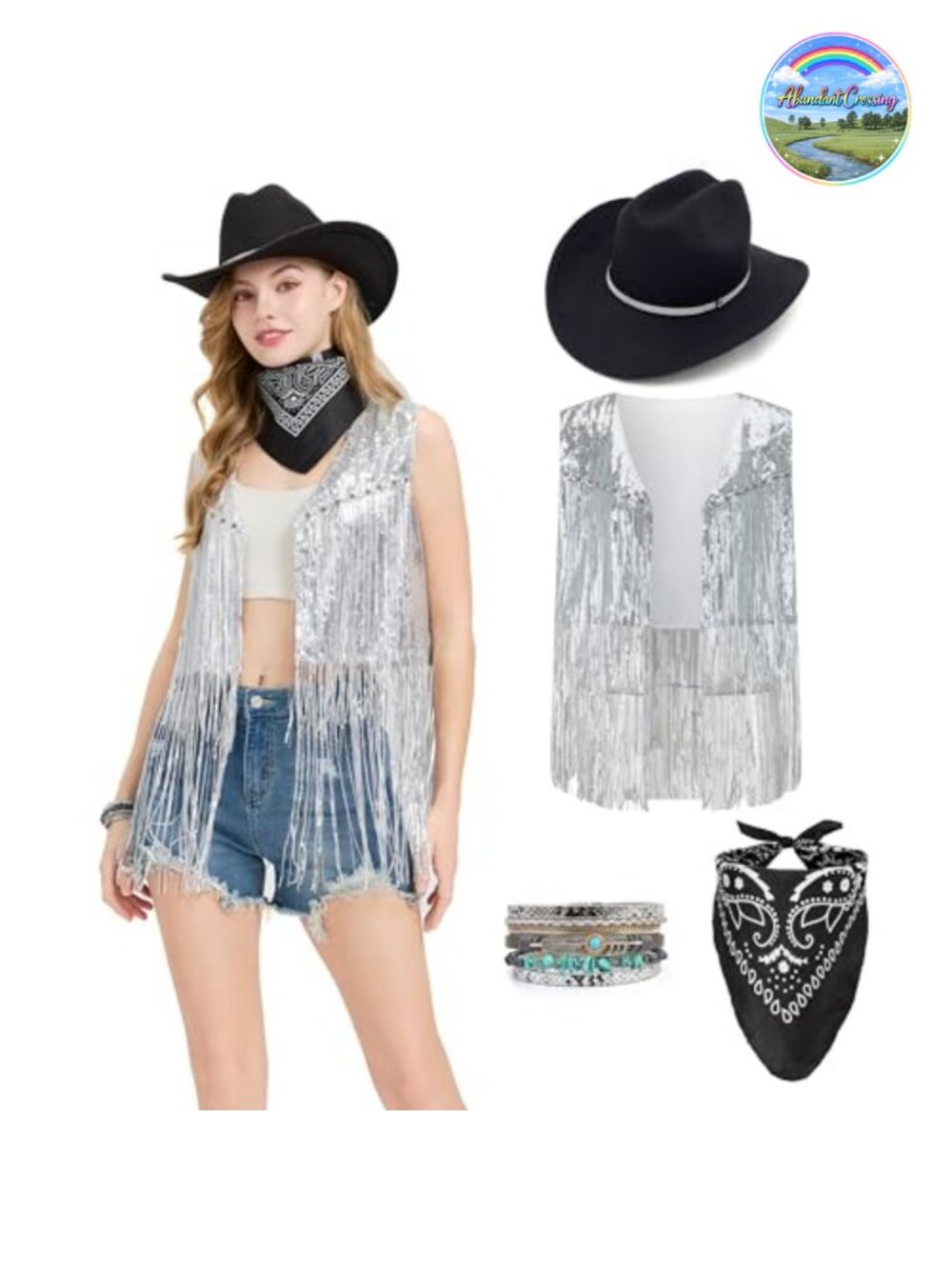 Cowgirl Costume Set Fringe Vest Hat Necklace Bandana Women Western
